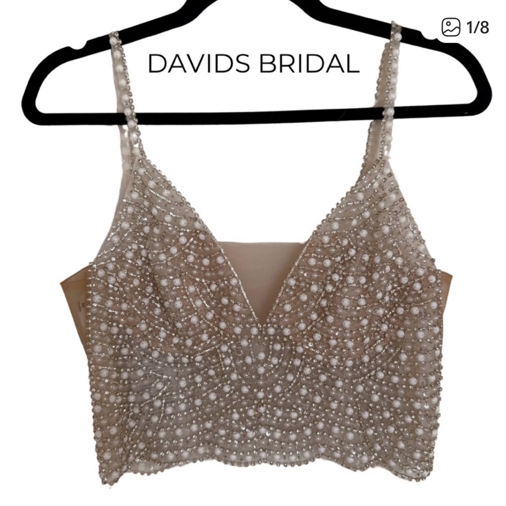 David's Bridal Pearl Embellished White Crop Top